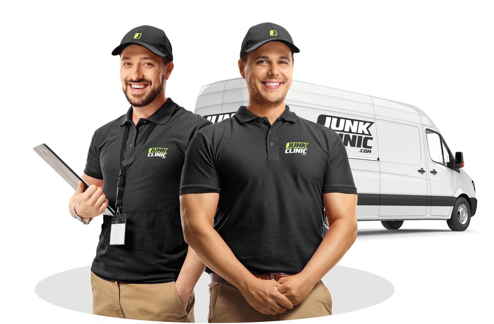 Two employees in uniform standing infront of a work van