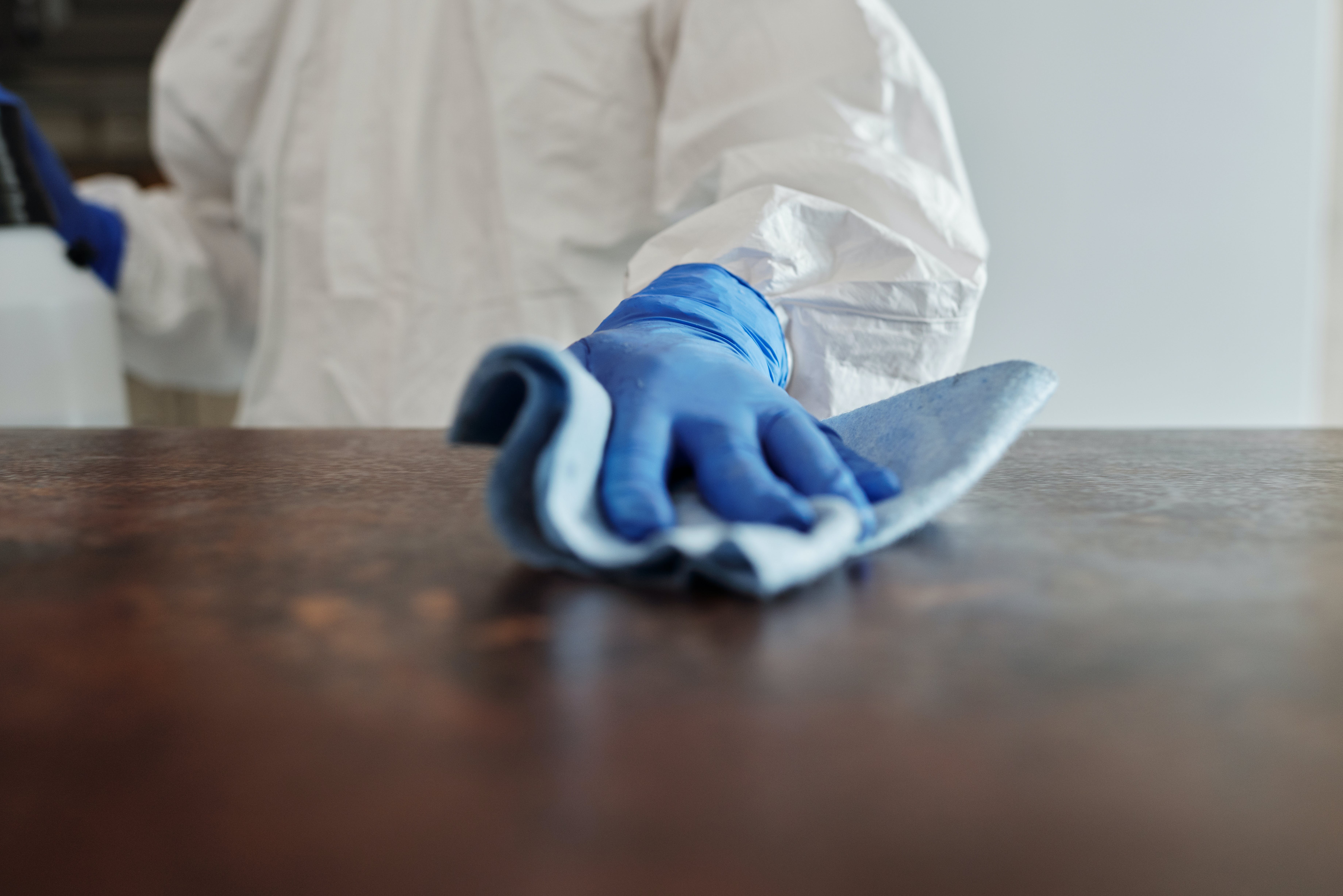 Worker in latex gloves wiping a dusty surface